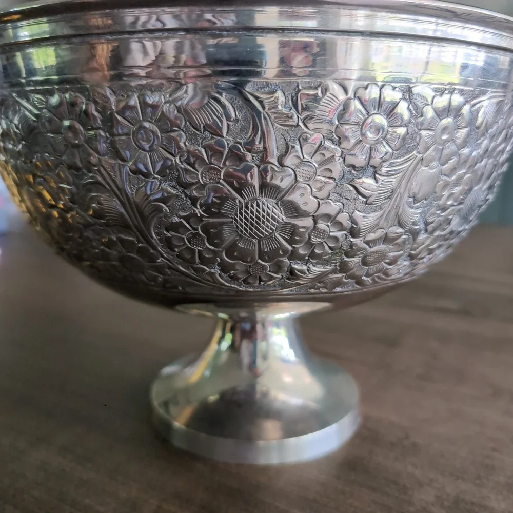 EPNS Floral Embossed Pedestal Bowl Silver Made in India Large Ornate Centerpiece